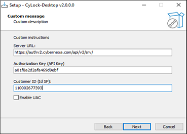 Entering Server URL, API Key and IDSP Key